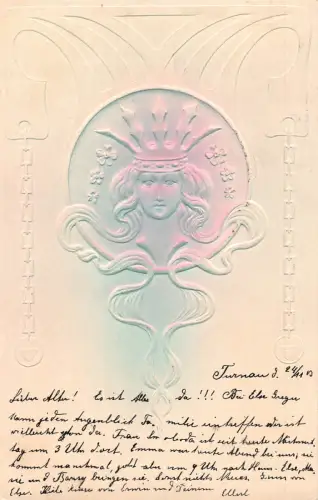 Jugendstil Glamour Lady Krone Blumenkette 1905 Airbrush Prägung Postkarte B832