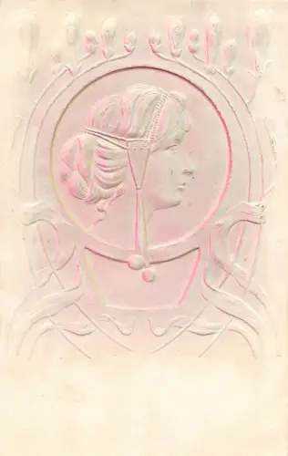 Glamour Jugendstil Frau Blumen geprägt Airbrush Postkarte B832