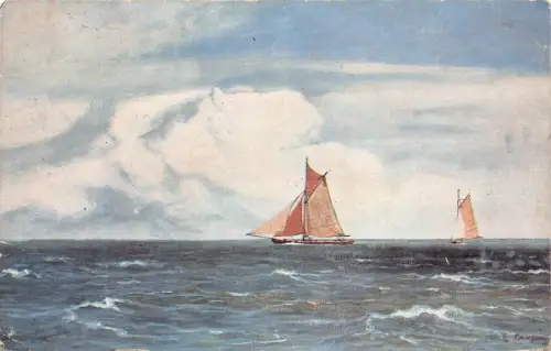 A092 Gemälde 1916 Feldpost 1. Weltkrieg signiert Segelboote auf See bewölkte Tag Postkarte