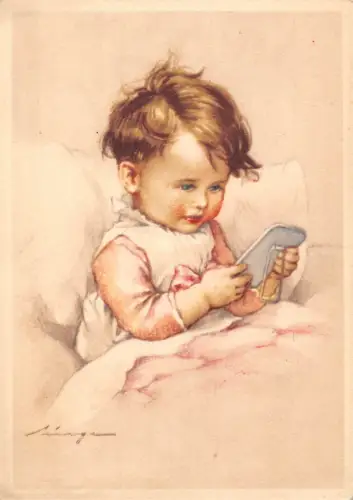 Kinder Kunst von Lungers Mädchen im Bett Bewundern im Spiegel Vintage Postkarte B845