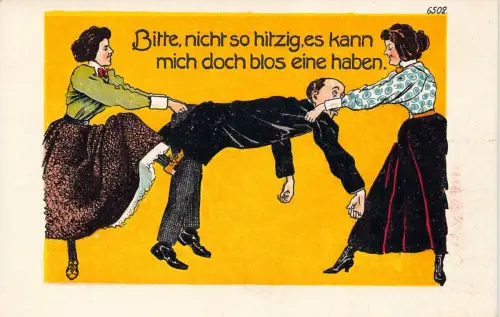 B086 Comic Humor Frauen kämpfen um Mann Bitte nicht so hitzig Postkarte