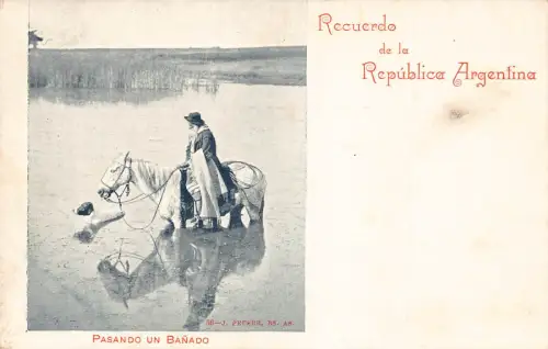 Argentinien Recuerdo Pasando un Banado Ureinwohner Pferd im Fluss Ethno Postkarte B837