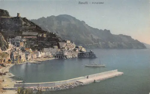 A014 Italien Amalfiküste Panorama Dampfschiff Vintage Postkarte