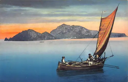 A012 Italien Napoli Neapel Segelboot Sonnenuntergang Gemälde Galerie Umberto Postkarte