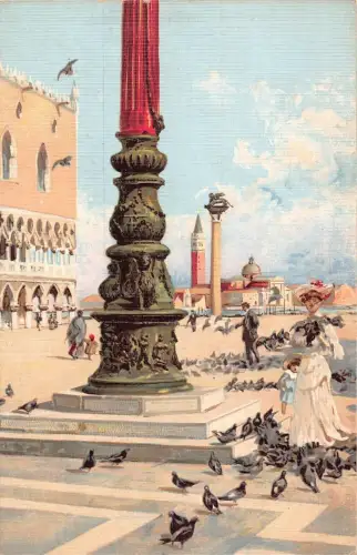 A011 Italien Venezia Markusplatz Frau füttert Tauben Kind Gemälde Postkarte