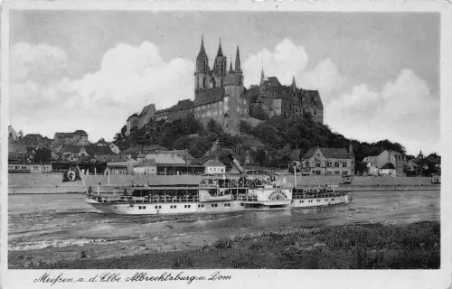 L206 Deutschland Meifsen und Elbe Albrechtsburg u Dom Dampfschiff Oldtimer Postkarte