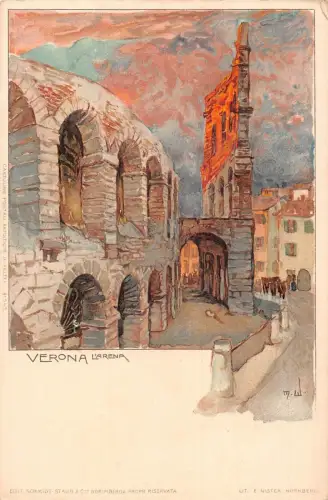 A010 Italien Verona L'Arena Gemälde signiert ungeteilt Vintage Postkarte