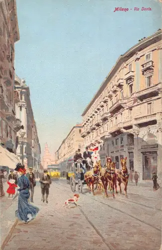 A011 Italien Mailand Via Dante Straßenkutsche vier Pferde Gemälde Postkarte