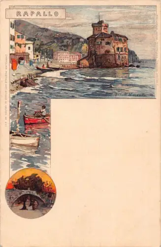 A010 Italien Rapallo Strand und Brücke Künstlerkarte signiert Manuel Wielandt Postkarte