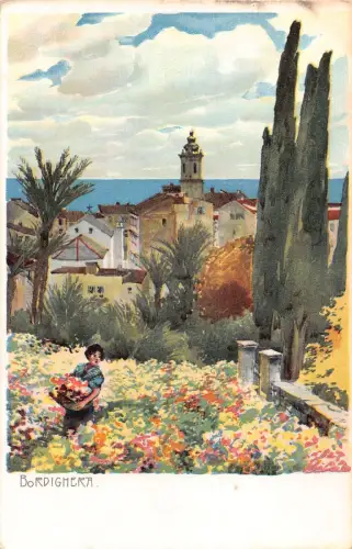 A010 Italien Bordighera Frau pflückt Blumen Künstlerkarte Vintage Postkarte