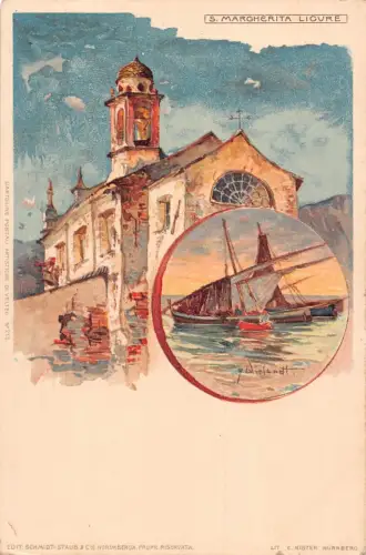 A010 Italien S Marghetira Ligure Kirche Segelboot Künstlerkarte signiert Postkarte