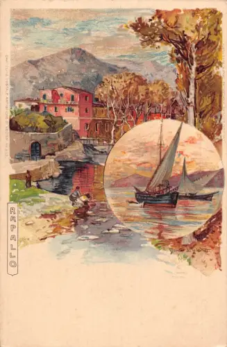 A010 Italien Rapallo Segelboot Landschaftsgemälde signiert Wielandt M Postkarte