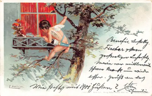 L414 Valentinstag Grüße 1901 Amor Cherub Paar küssend signierte Postkarte