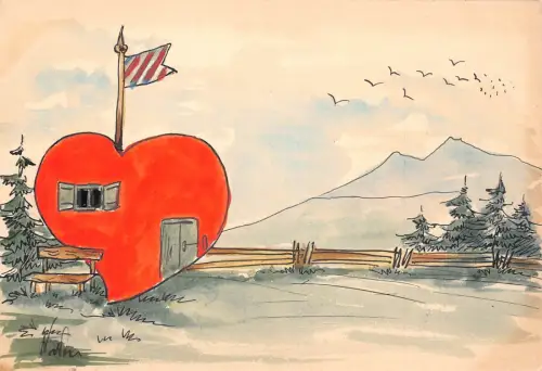 L414 Valentinstag Grüße Herz Haus Landschaft handbemalt signiert Postkarte