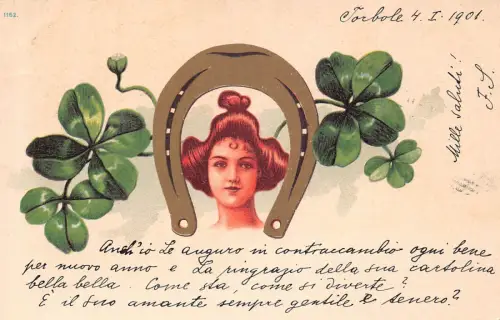 L414 Neujahrsgrüße 1901 junge Dame Kopf Hufeisen Kleeblatt Glück Postkarte