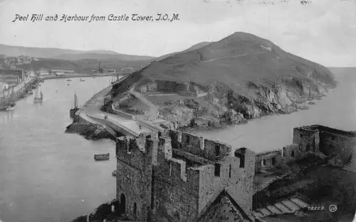 A185 Island of Man Peel Hill Hafen vom Castle Tower Vintage Postkarte