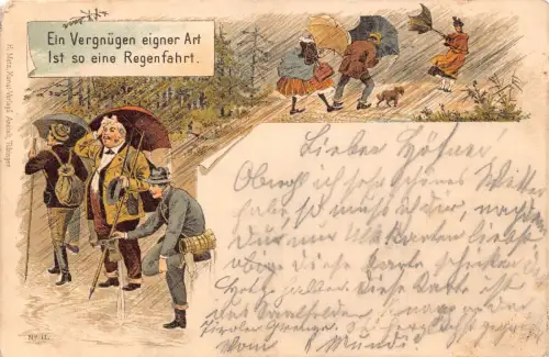 L414 Eine Fahrt im Regen 1897 Comic Humor Regenschirm Hund Litho Postkarte