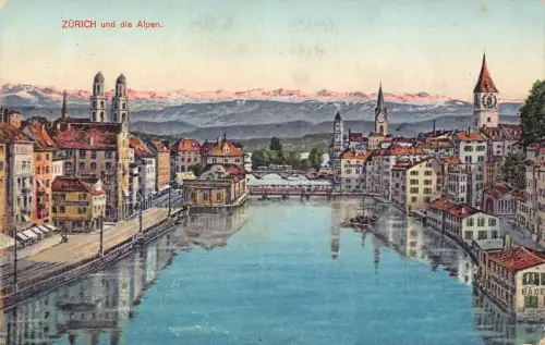 A184 Schweiz Zuerich und Alpen Gesamtansicht Vintage Postkarte