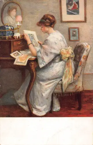 B088 Kunst von E A Seemann Frau visualisiert Gemälde an Schublade Vintage Postkarte