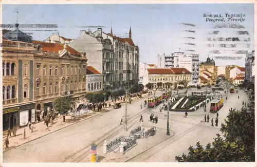 B068 Serbien 1931 Belgrad Terazije Straßenbahn Platz Vintage Postkarte