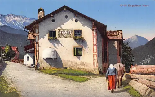 A185 Schweiz Engadiner Haus Haus Kuh Bauer Vintage Postkarte
