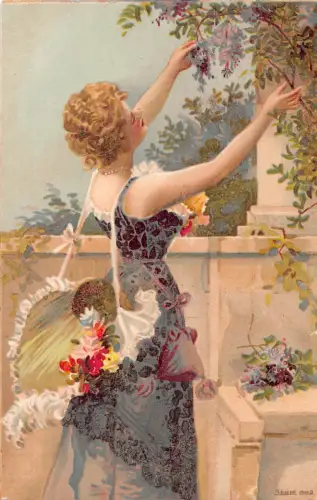 L531 Glamour Lady Blumen Flieder Chromo Litho Vintage Postkarte