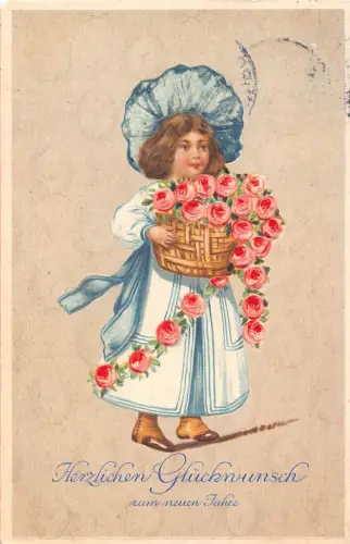 L351 Deutschland 1909 Mädchen Tracht Rosen Neujahr geprägte Postkarte