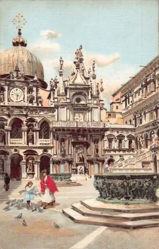 A010 Italien Venezia Cortile del Palazzo Ducale Palast Tauben Vintage Postkarte