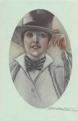 L531 Glamour Lady Portrait Hut Passepartout von A. Mauzan Vintage Postkarte