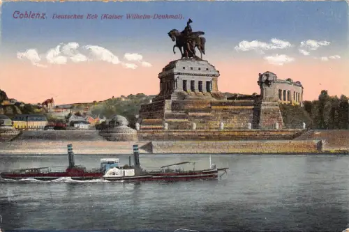 B076 Deutschland Koblenz Deutsches Eck Dampfschiff Denkmal Vintage Postkarte
