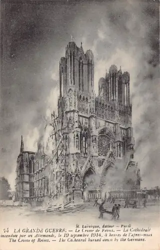 A009 Frankreich Reims Kathedrale von deutscher Katastrophe niedergebrannt Vintage Postkarte