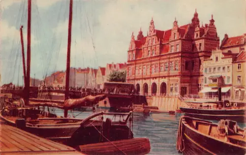 B077 Polen Danzig Danzig Grüne Brücke und Grüne Tor Boote Vintage Postkarte