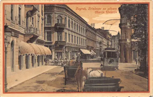 B068 Kroatien 1917 Zagreb Zrinievac sa ulicom Marije Valerije Straßenbahnladen Postkarte