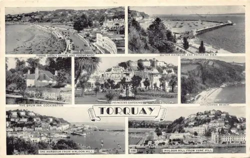 B180 England 1960 Torquay Torre Abbey Sands Drum Inn Princess Gardens Postkarte