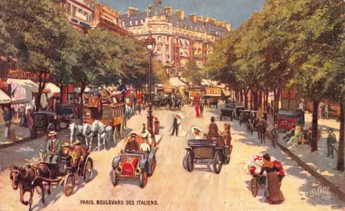A009 Frankreich Paris Boulevard des Italiens Autos Gemälde signiert Oilette Postkarte