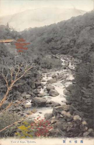 L267 Japan Ansicht des Kiga Hakone Flusses Felsen Wald Vintage Postkarte