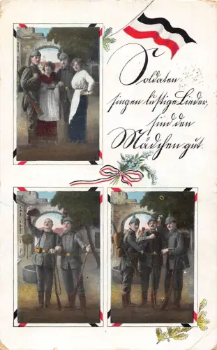 Patriotische 1915 Soldaten singen Deutsche Reichsflagge Mehrfachansicht Feldpostkarte 1. Weltkrieg