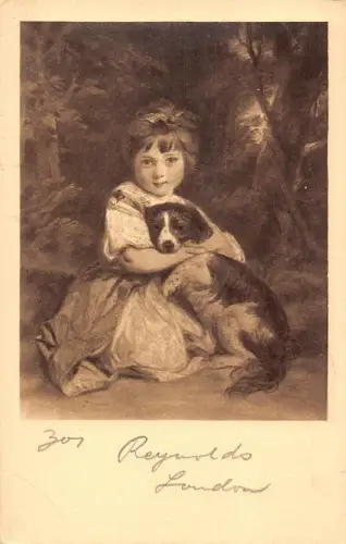 Kunst kleines süßes Mädchen umarmt kleinen Hund Vintage Postkarte