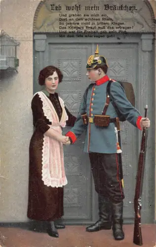 Feldpost WWI 1915 Frau verabschiedet sich von Liebhaber Soldat Gewehr Postkarte