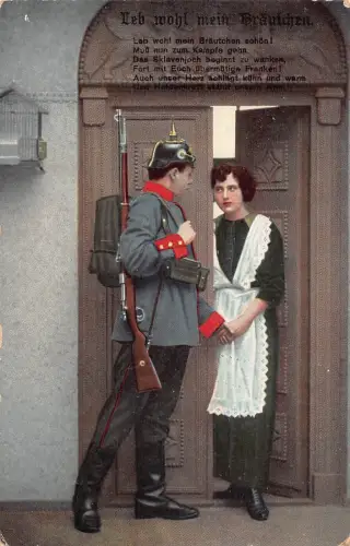 Feldpost WWI 1915 Frau verabschiedet sich von Liebhaber Infanterie Soldat Postkarte