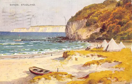 A773 England 1950 Studland Sands Beach Boat Vintage Postkarte