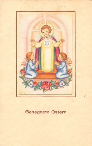 Ostergrüße 1935 Religiöse Kunst Heilige Engel betende Rosen Vintage Postkarte