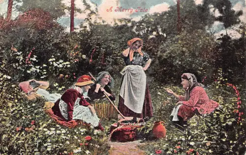 A775 England 1906 Merry Tale Bauernfrauen ruhen Vintage Postkarte
