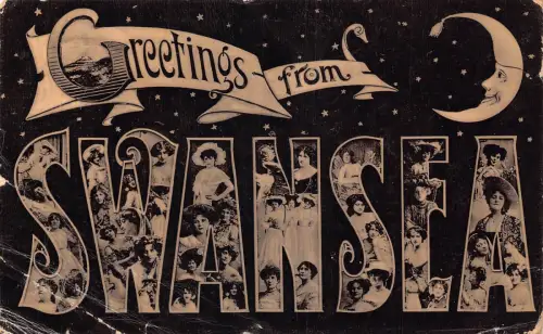 A775 England 1908 Grüße aus Swansea Großer Brief Humanisiertes Mondmädchen Postkarte