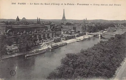 L096 Frankreich Paris Orsay Bahnhof und Palast Panorama Boote Vintage Postkarte