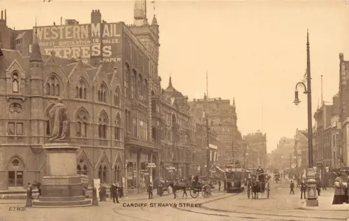 A776 Wales Cardiff St Mary's Street Straßenbahn Kutsche Western Mail Schild Postkarte