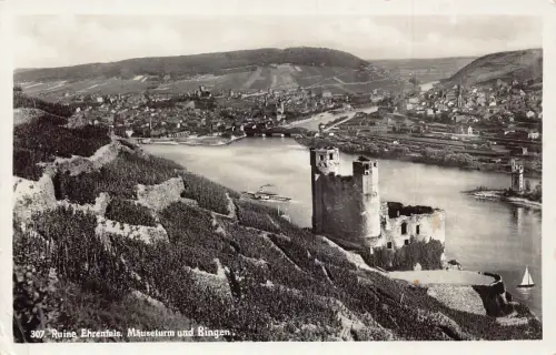 L187 Deutschland Ruine Ehrenfels Maeuseturm Burg Bingen RPPC Vintage Postkarte
