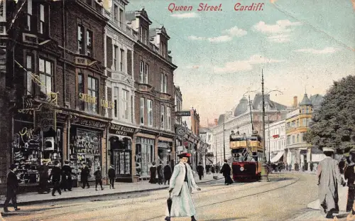 A777 Wales Cardiff 1906 Queen Street Doppeldecker Straßenbahn Skerr's College Postkarte
