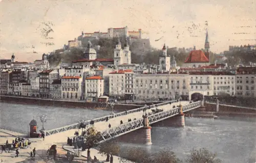 L097 Österreich 1908 Salzburger Brücke Schloss Vintage Postkarte