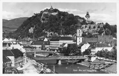 L097 Österreich Graz Mur und Schlossberg Schlossbrücken Vintage Postkarte